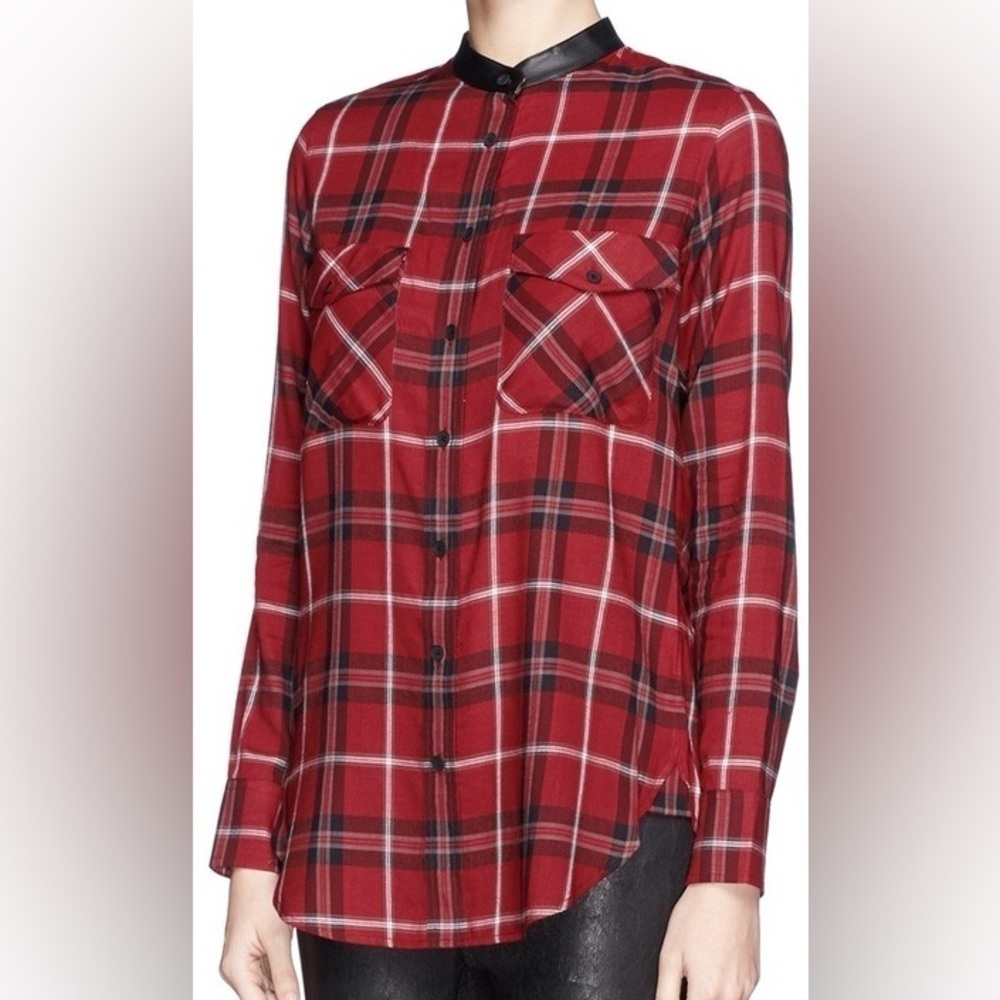 Vince Leather Trim Red Plaid Button Down Shirt Size 8